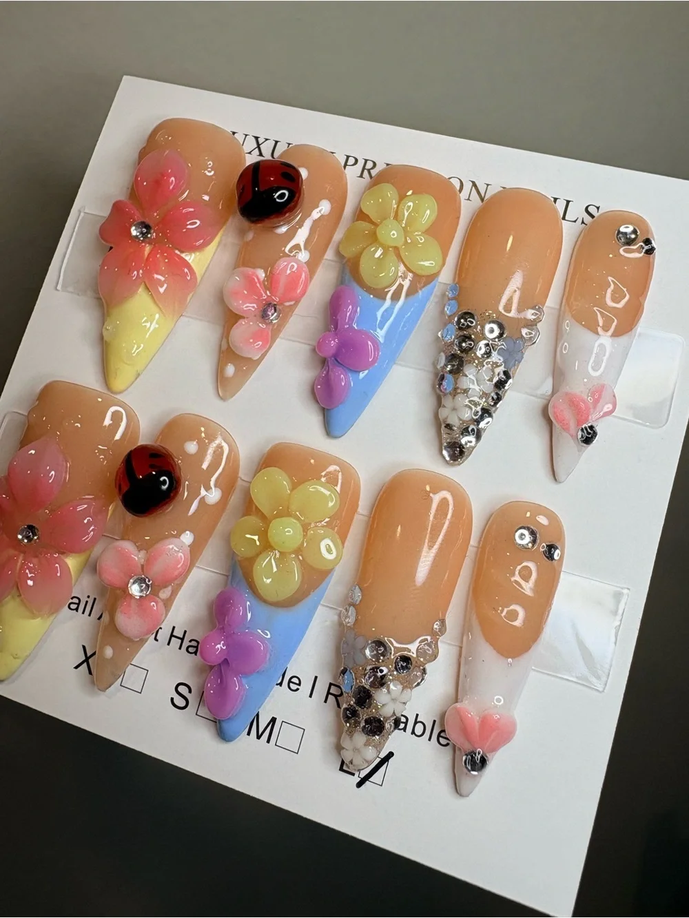Peach Floral 3D Press-On Nails with Gems